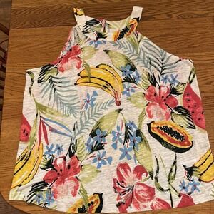 C & C California Tropical Floral Print Tank Top 2X High Neck Linen Blend Travel